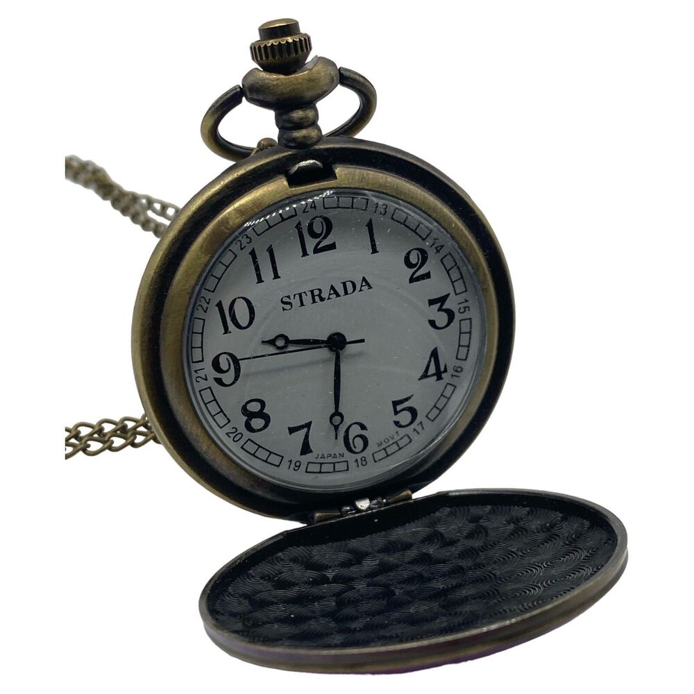 Strada Victorian Style Brass Tone Women's Pocket Watch Necklace Floral Pattern